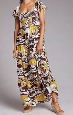 Anthropologie Panther Ruffled Maxi Dress Brown Yellow Size M Smocked Top